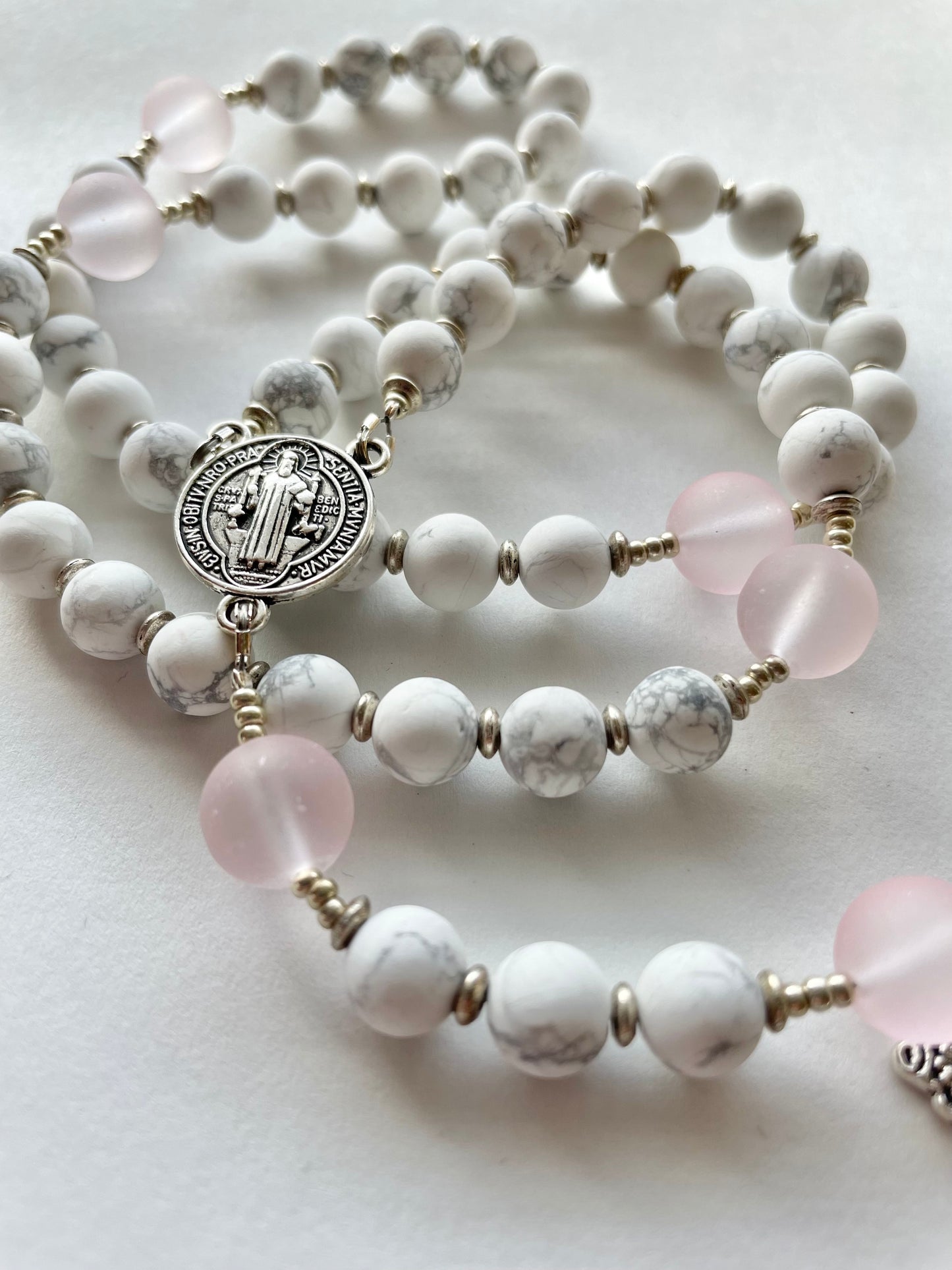 White + Grey Howlite Stone - Pink Our Father Bead